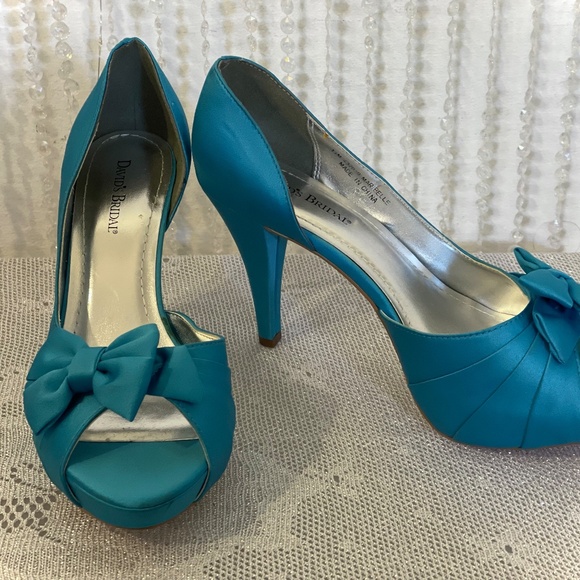 New David Bridal Michael Angelo Maribelle Open Toe Satin Bow Blue High Heel - Picture 3 of 5